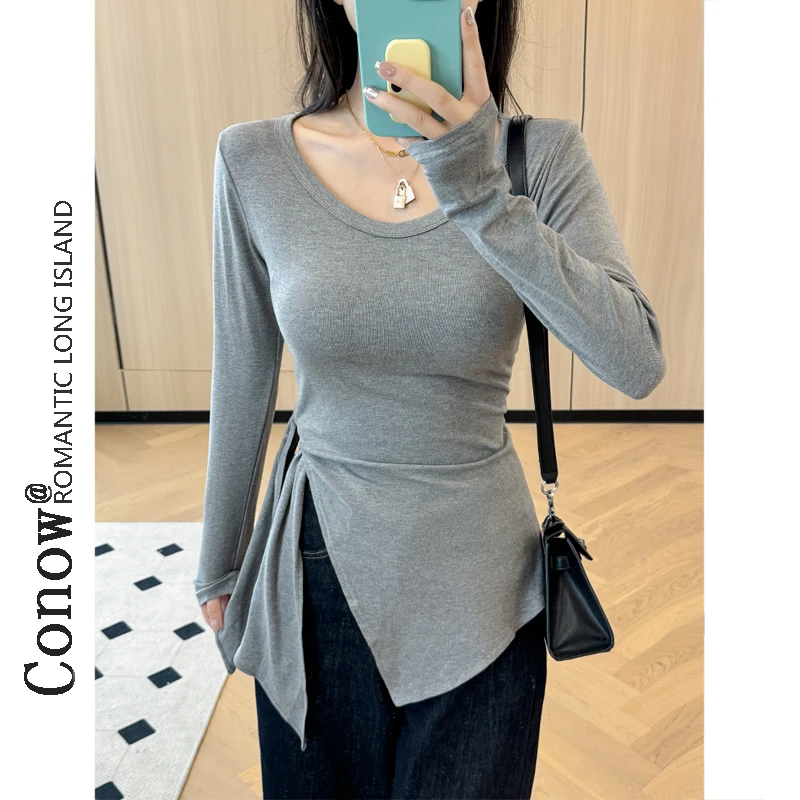 辣妹不规则绑带上衣收腰打底衫春秋修身大圆领长袖开叉T恤女