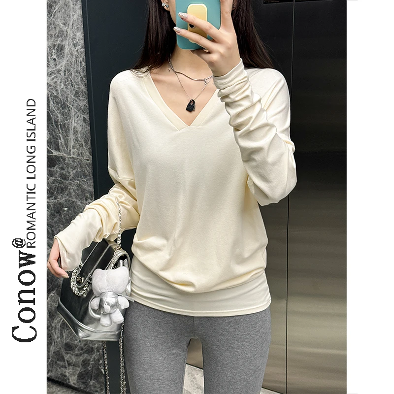 早秋款显瘦V领时尚弯刀堆积感百搭宽松长袖T恤慵懒风打底上衣