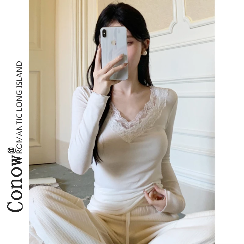 打底衫加绒蕾丝花边V领春秋冬新款木耳边纯欲风修身长袖T恤女