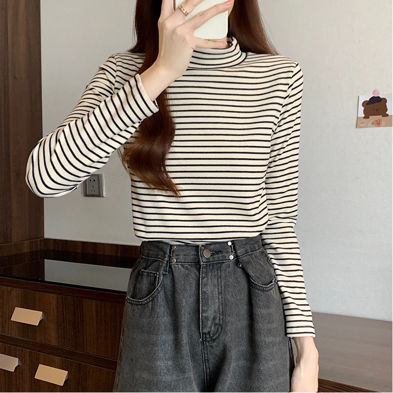 德绒条纹长袖t恤秋冬季2023新款洋气显瘦上衣半高领内搭打底衫女