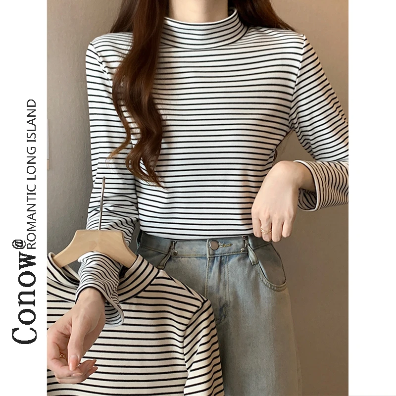 彩诺德绒加厚打底衫女秋冬高级感洋气条纹上衣内搭半高领长袖T恤