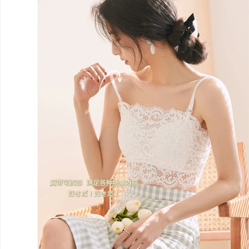 法式甜美蕾丝肩带可拆卸抹胸固定一体乳胶杯无钢圈聚拢裹胸女内搭