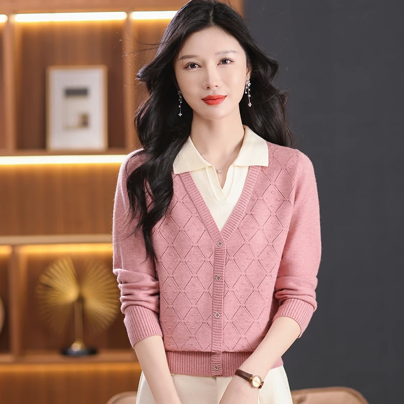 薄款假两件上衣2025春秋新款针织衫女洋气显瘦百搭翻领宽松打底衫