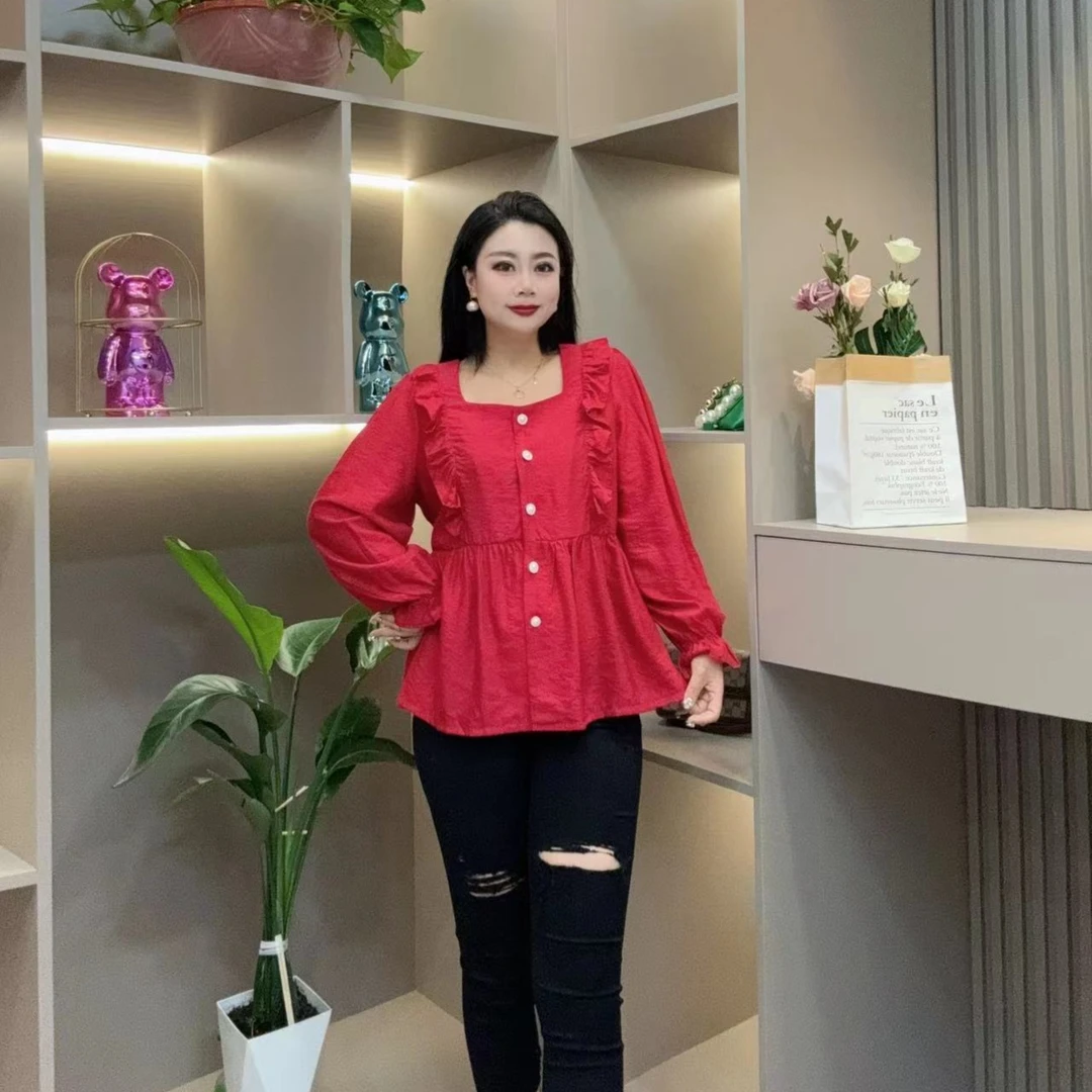 早秋洋气小衫-甜 3318时尚菲边收腰显瘦潮流百搭胖MM大码女装新款