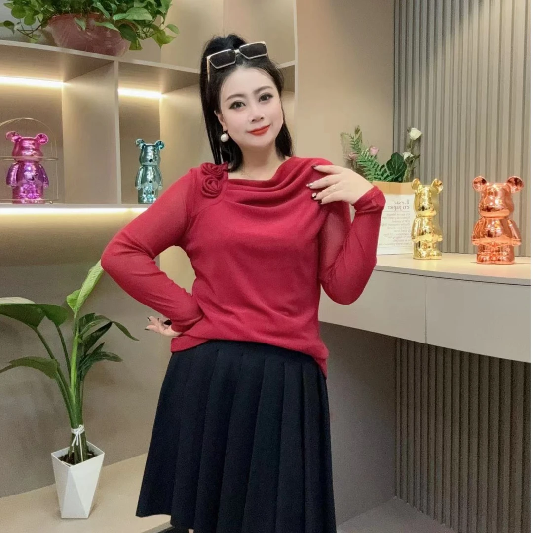 洋气小衫-【现】酷 31832时尚气质花朵拿褶舒适款胖MM大码女装新款