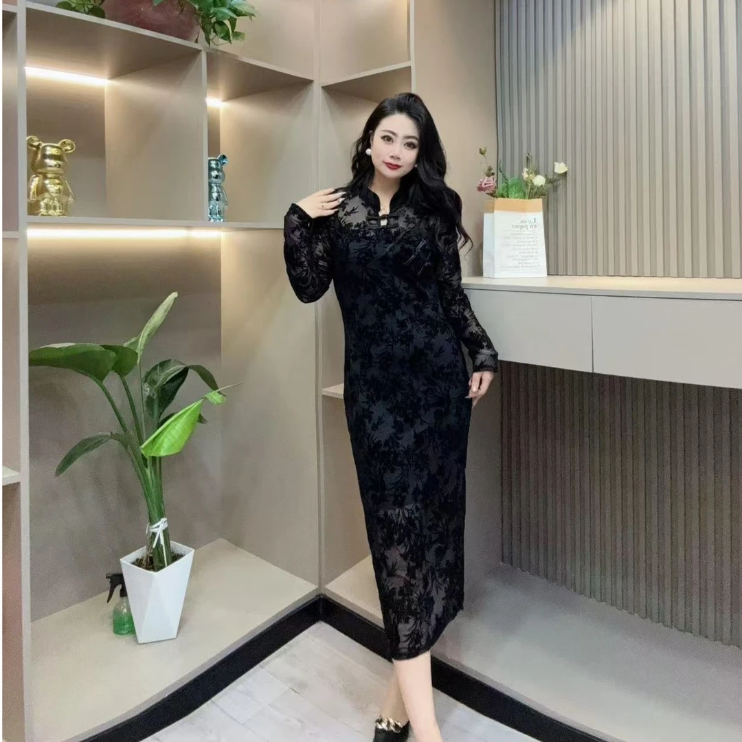 冬季连衣裙-【现】冠 潮美蕾丝旗袍款气质显瘦百搭胖MM大码女装新款