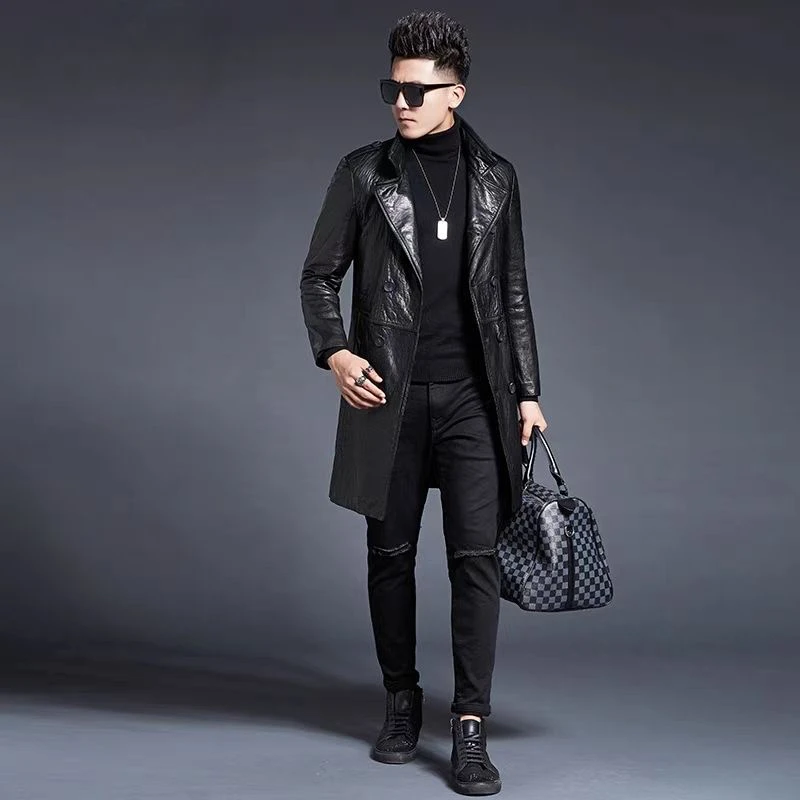 真皮皮衣黑色男士高档长款中长款风衣休闲春秋外套修身秋冬韩版