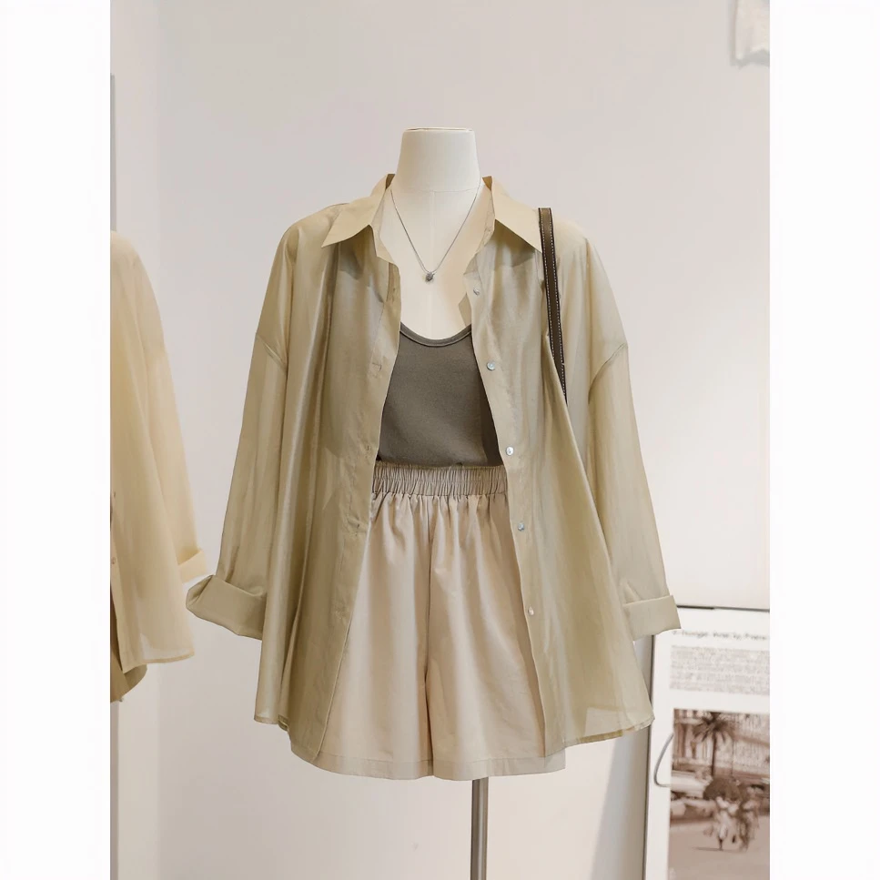 春夏款防晒衫长袖衬衫上衣休闲百搭套装吊带背心+宽松短裤三件套1