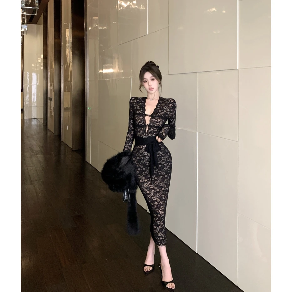 暗夜风情法式气质拼接蕾丝深V镂空长袖连衣裙性感修身内搭包臀裙1