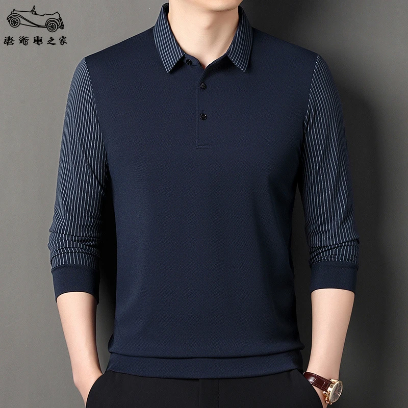 老爷车之家春秋中年男士长袖薄款polo衫商务休闲条纹翻领打底衫