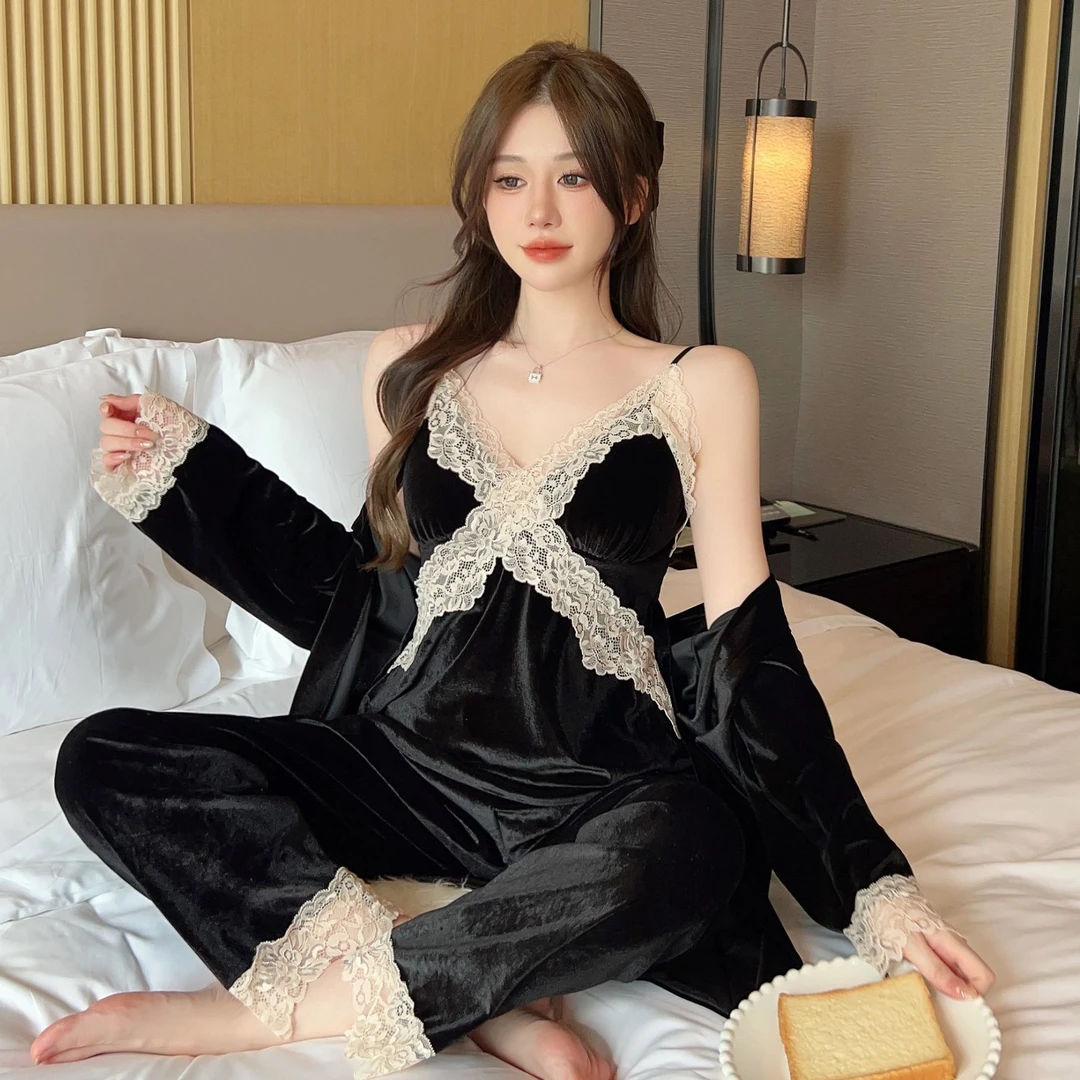 【月光套装】秋冬新款睡裙丝绒显瘦家居服性感蕾丝纯欲吊带睡裤