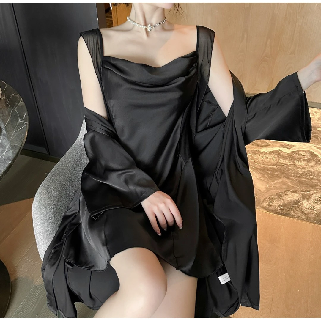 【荷塘月色】纯欲风荡领带胸垫吊带睡裙女士性感显瘦薄款网红晨袍