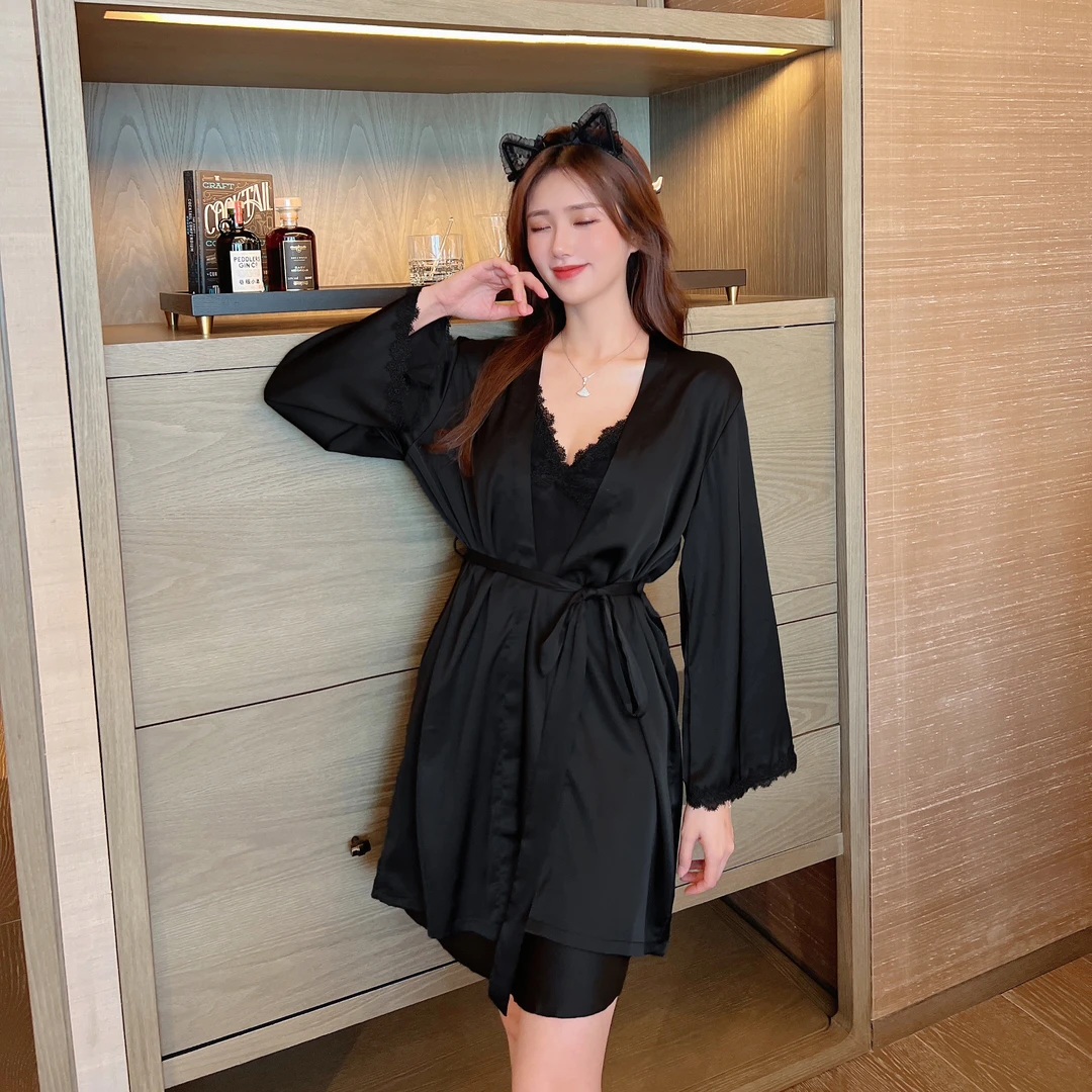 【睡袍补拍】长袖蕾丝大码性感夏季薄款宽松睡袍带腰带可外穿家居服