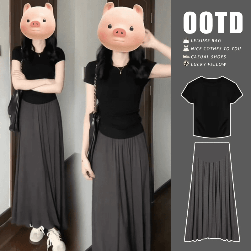 孕妇装夏季2024新款时尚韩版圆领上衣高级感气质孕妇半身裙两件套