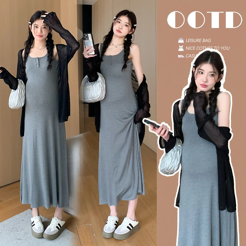 孕妇装夏季2024潮款韩系高级感大码背心连衣裙慵懒防晒外套两件套