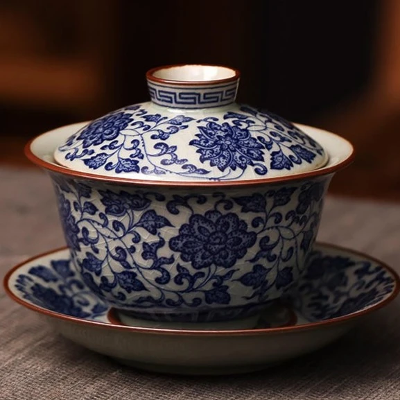 景德镇悬停青花缠枝莲盖碗高端防烫手高档个人专用泡茶茶具釉下彩