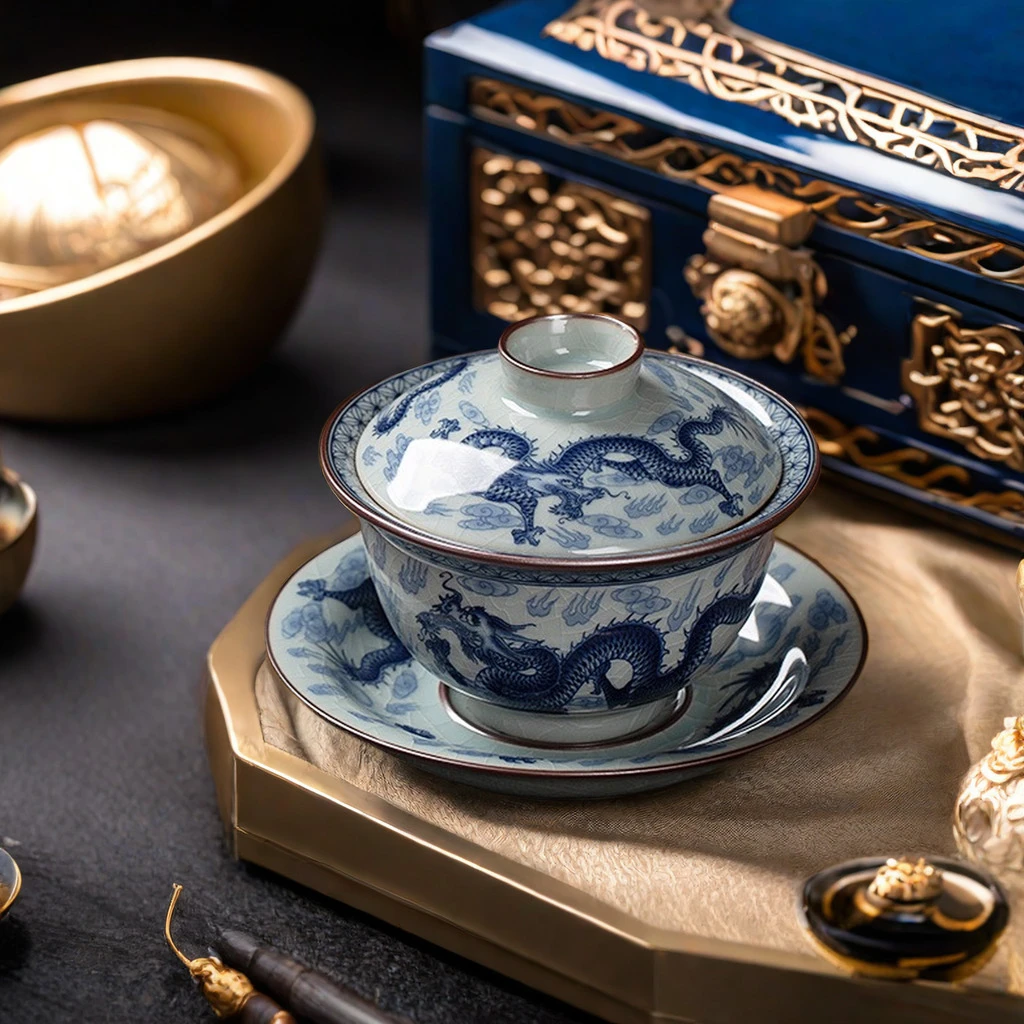 正宗景德镇三才悬停盖碗茶具高级茶器龙纹个人泡茶碗防烫手釉下彩