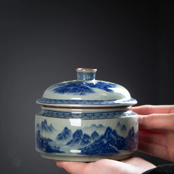 景德镇仿古手工茶叶罐青花千里江山中式陶瓷普洱茶盒茶罐茶道配件