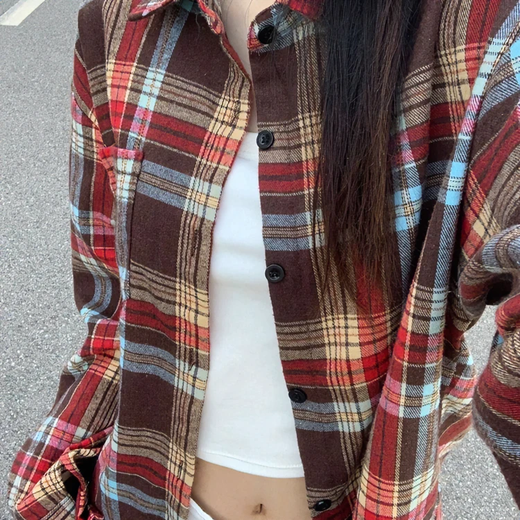 上衣春夏季新款衬衫女韩版复古港味POLO领长袖格子宽松外套衬衣女