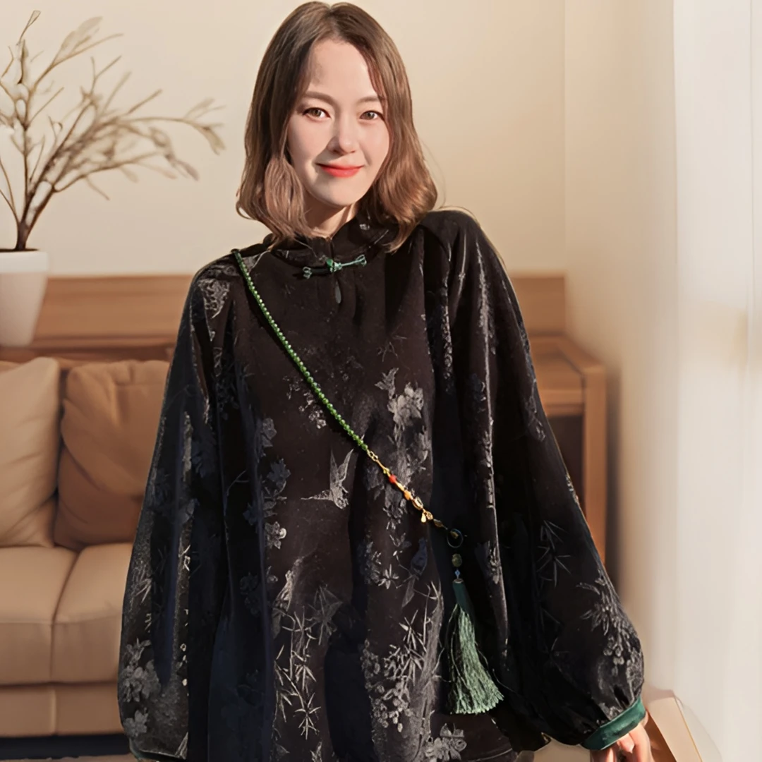 QZEK【喜上眉梢黑色5580】新中式加厚宽松长袖百搭复古休闲国潮上衣