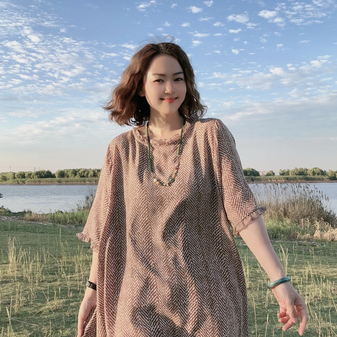 【人字纹3445短袖裙】夏季宽松透气时尚百搭简约气质印花中长款