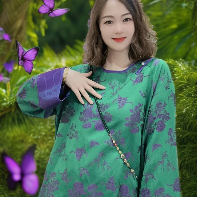QZEK【紫蝶5672】新中式国风显瘦春秋圆领提花长袖上衣