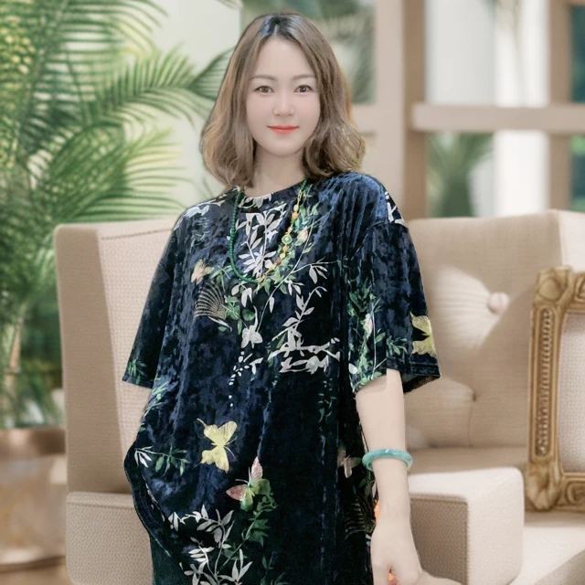 【蝶恋花短袖+紫竹短袖】宽松大版印花时尚休闲设计师显瘦圆领上衣