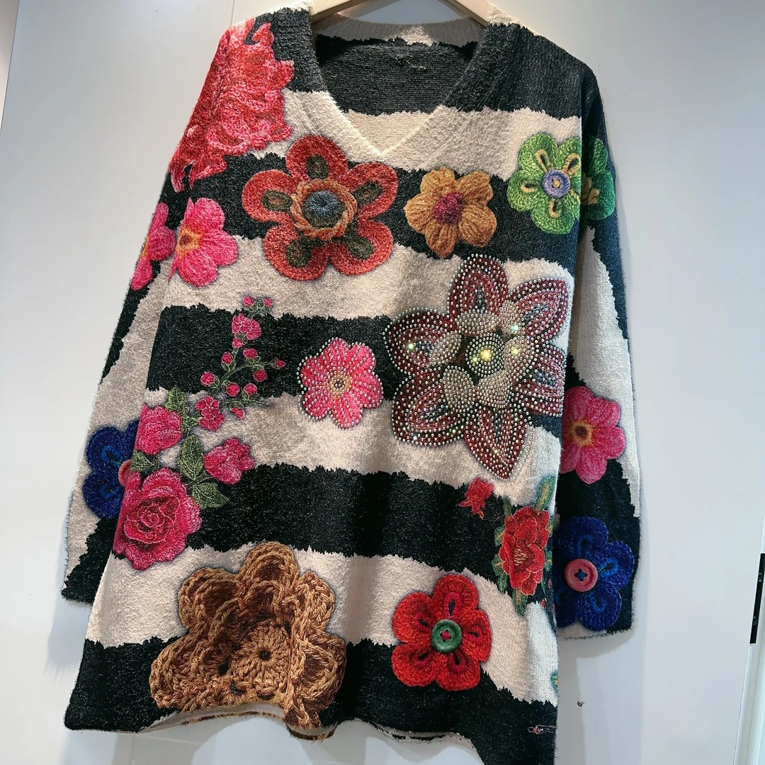 【花朵高领003591】欧货烫钻气宽松女装印花套头时尚毛衣上衣