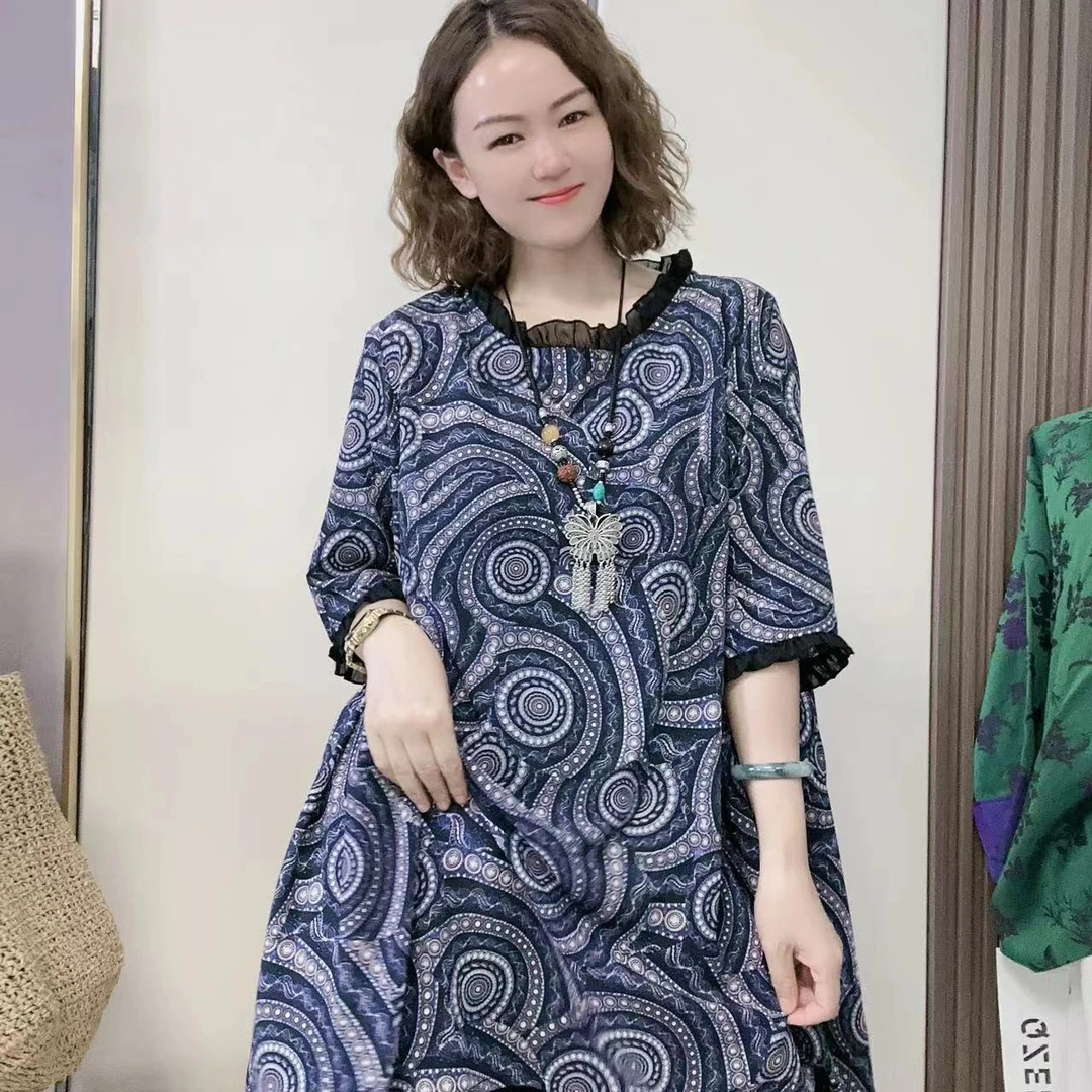 【轩墨3431短袖裙】夏季宽松印花百搭显瘦气质时尚休闲上衣