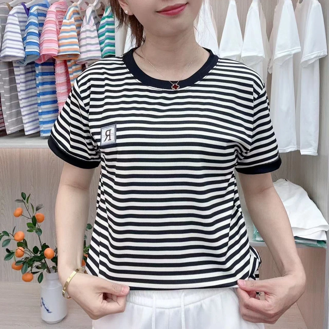 橙轩[苏绣]夏季清凉冰丝条纹圆领短袖