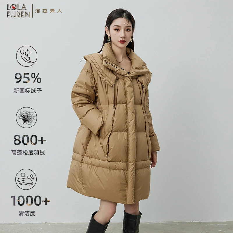 【洛拉夫人】95%白鸭绒 华夫格 轻奢加厚冬羽绒服女长款双翻领