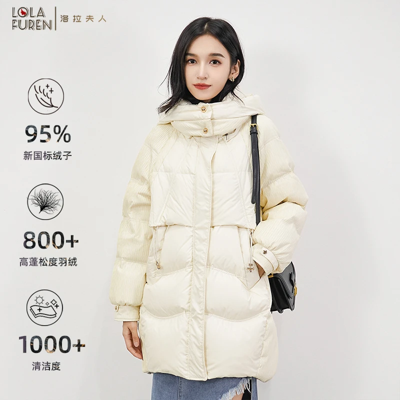 【洛拉夫人】95%白鸭绒 压皱工艺中长款羽绒服女茧型加厚冬季外套