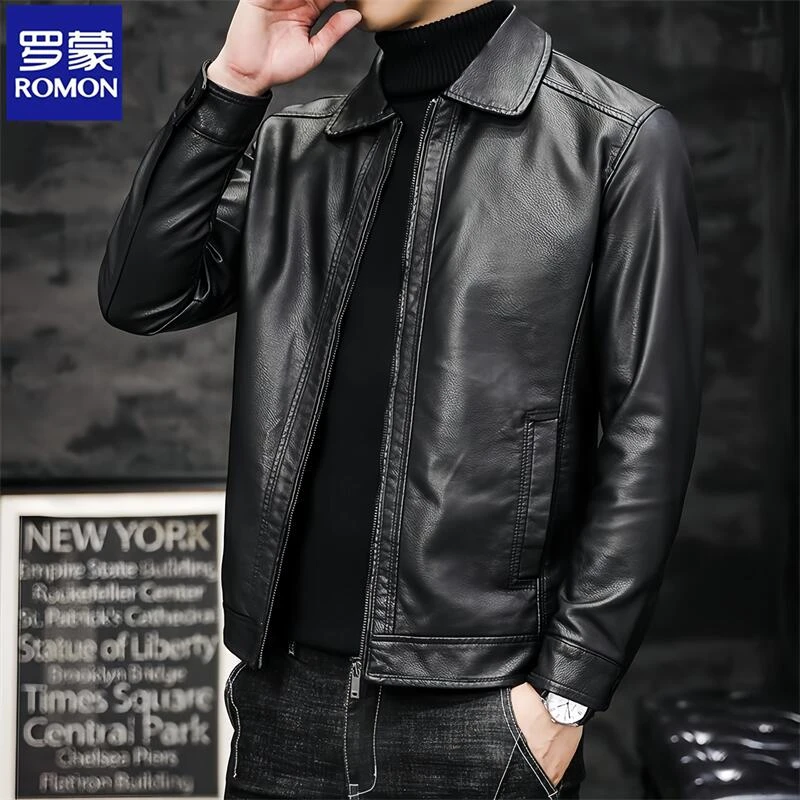 Romon/罗蒙男士海宁皮衣秋冬新款翻领时尚百搭休闲潮流皮夹克外套