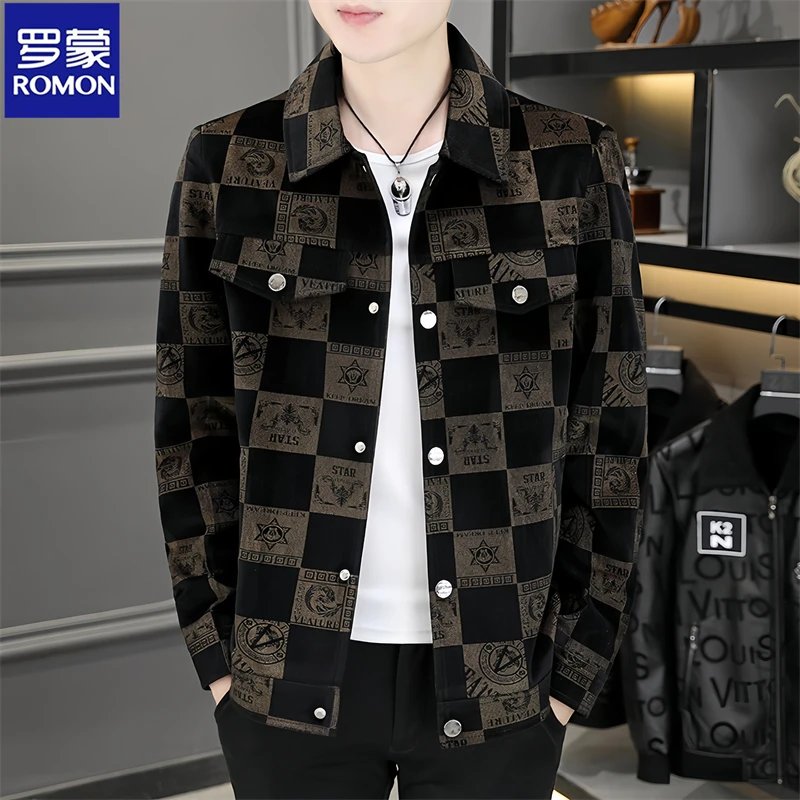 Romon/罗蒙男士外套春秋季新款时尚潮流男款高端休闲潮牌格子夹克