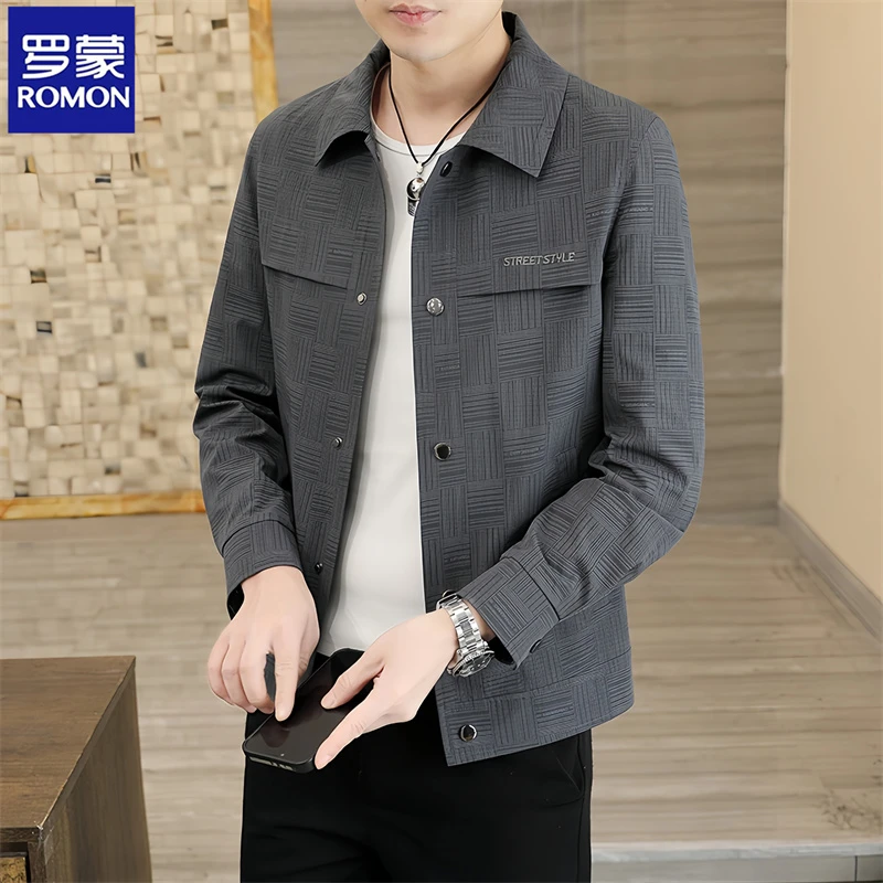 Romon/罗蒙男士外套春秋新款高端翻领休闲时尚夹克秋季男装上衣男