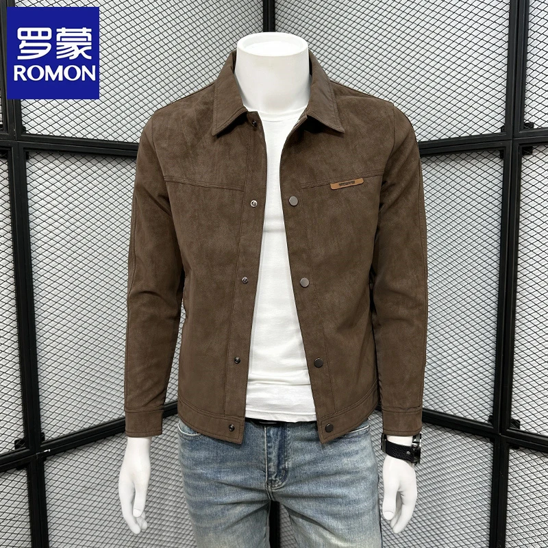 Romon/罗蒙春秋季夹克男新款痞帅潮牌休闲翻领仿麂皮秋装男士外套