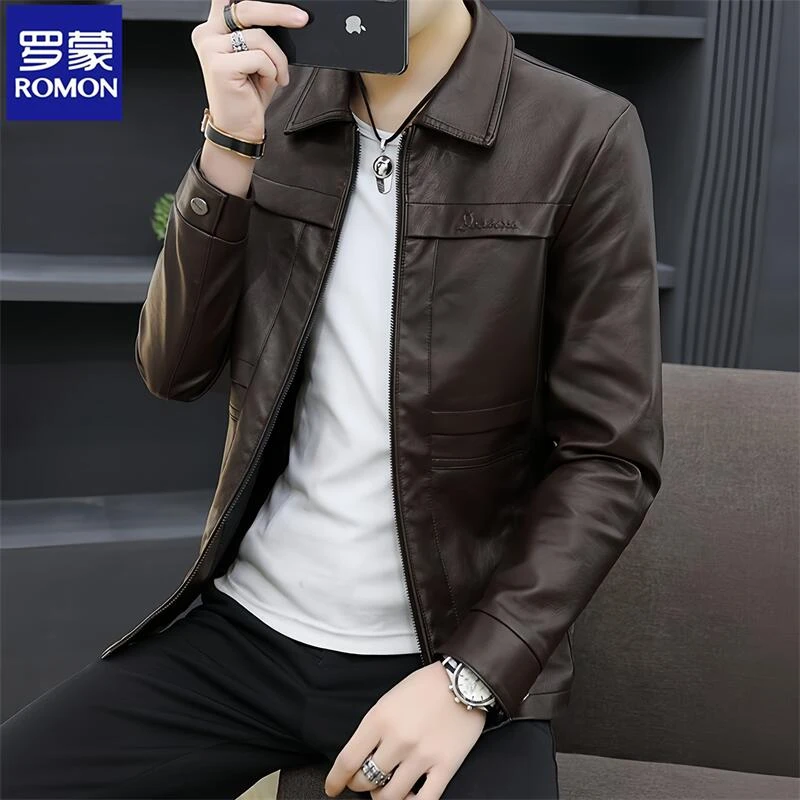 Romon/罗蒙潮牌皮衣男春秋款海宁痞帅潮流机车皮夹克翻领修身外套