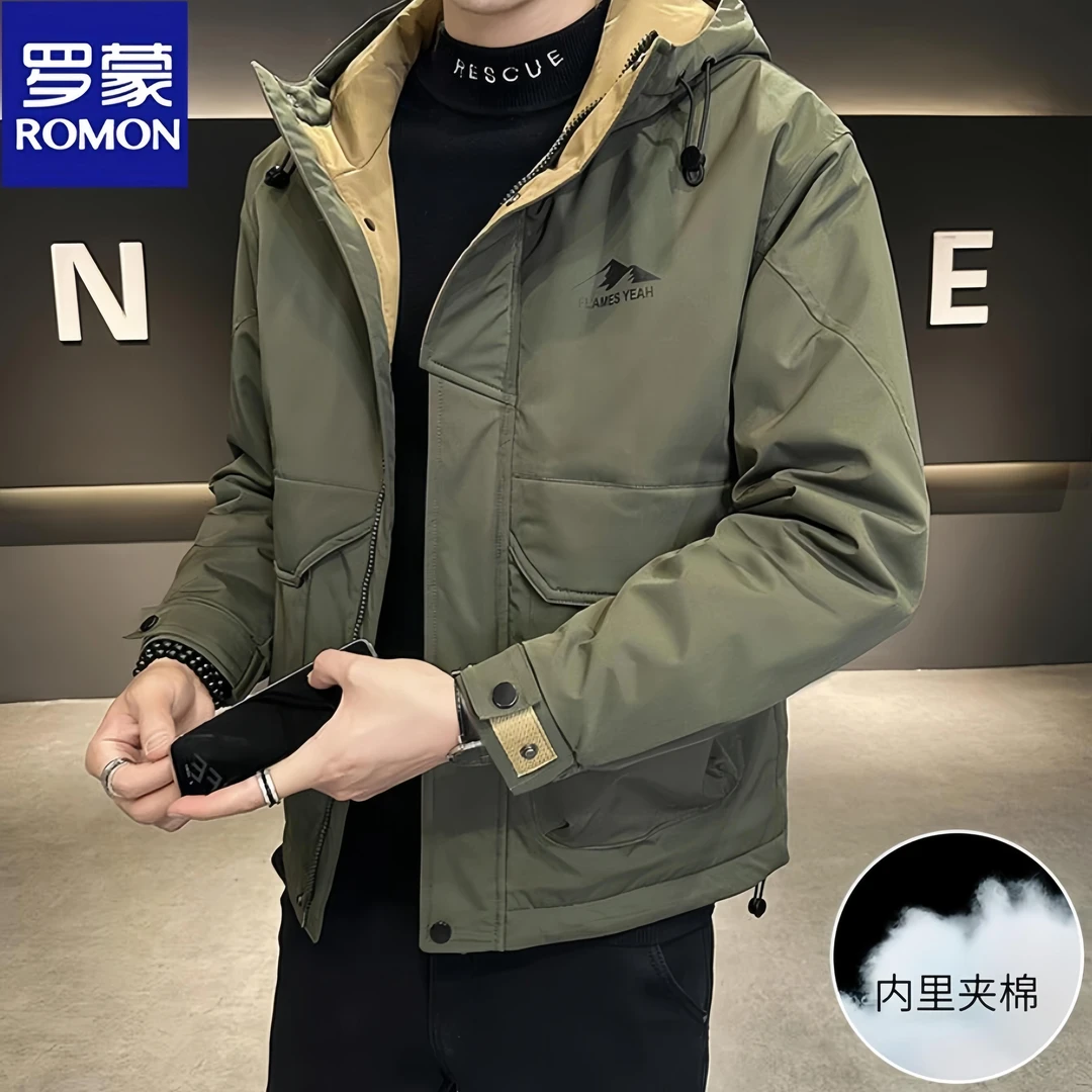 Romon/罗蒙秋冬季加棉加厚男士外套新款连帽时尚休闲棉衣保暖棉服