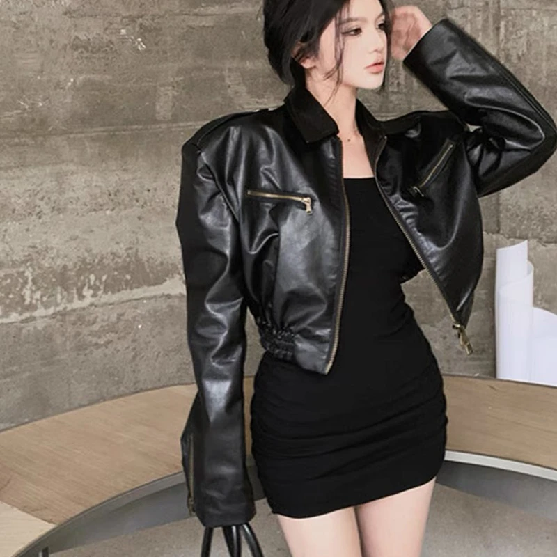 复古黑色皮夹克外套女2023秋冬复古百搭PU皮衣女短款机车夹克潮