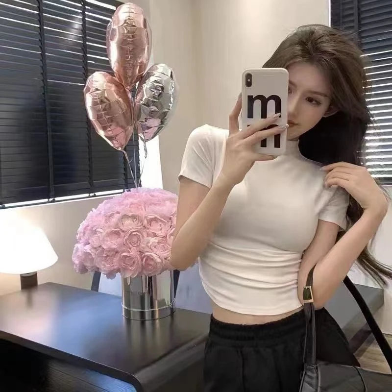 夏季T恤女2024新款收腰褶皱打底上衣显瘦辣妹短上衣百搭性感半袖