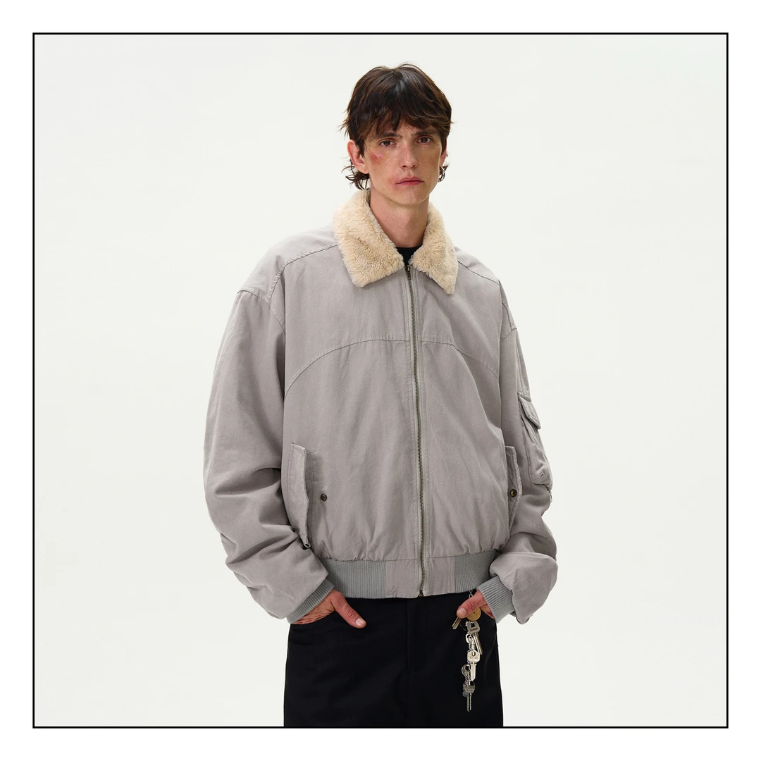 MADWITCH冬季毛领底特律工装棉服男女宽松vintage水洗帆布外套ins