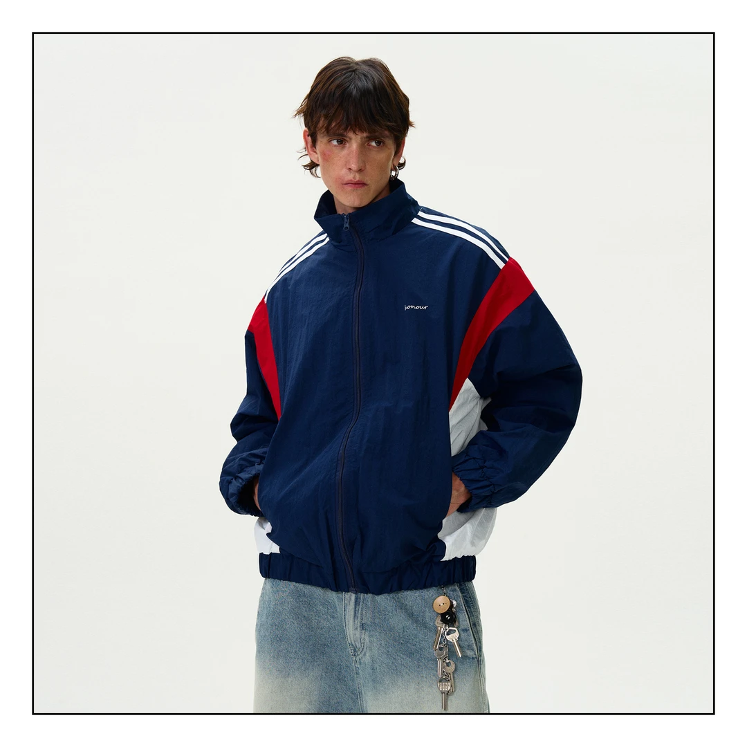 MADWITCH美式复古撞色条纹运动夹克男女vintage摇粒绒加厚外套ins