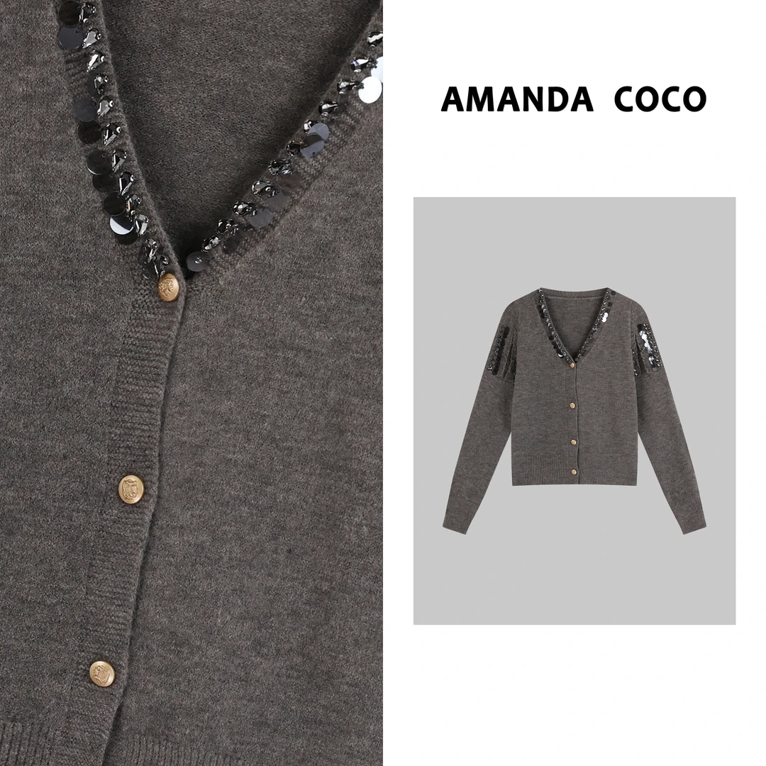 AMANDACOCO 萍萍 | 设计师款~高定重工串钻V领毛衣