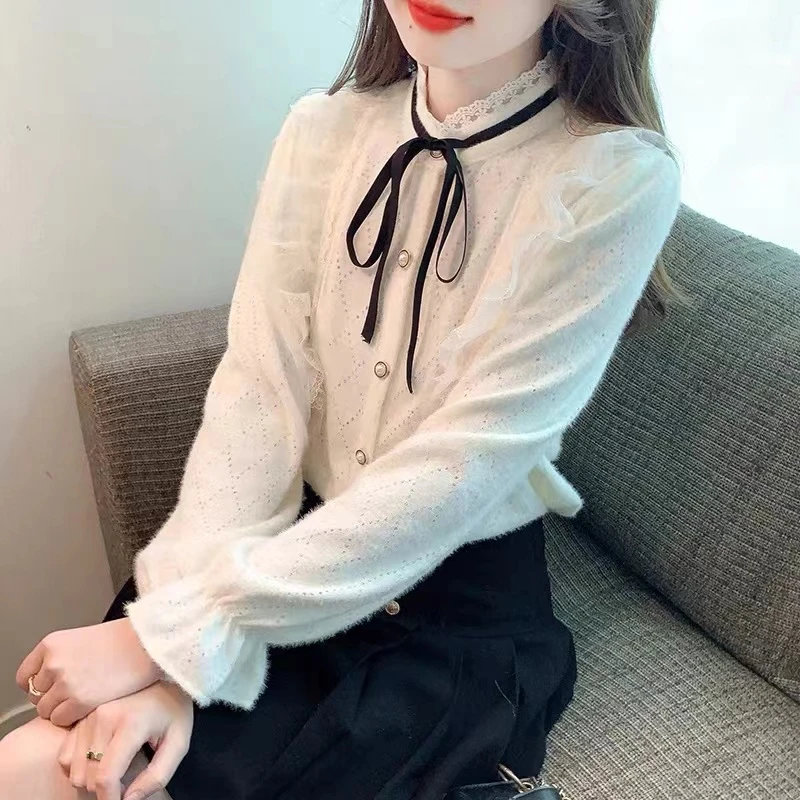 2023秋冬新款法式撞色花边立领蕾丝打底衫时尚洋气显瘦上衣