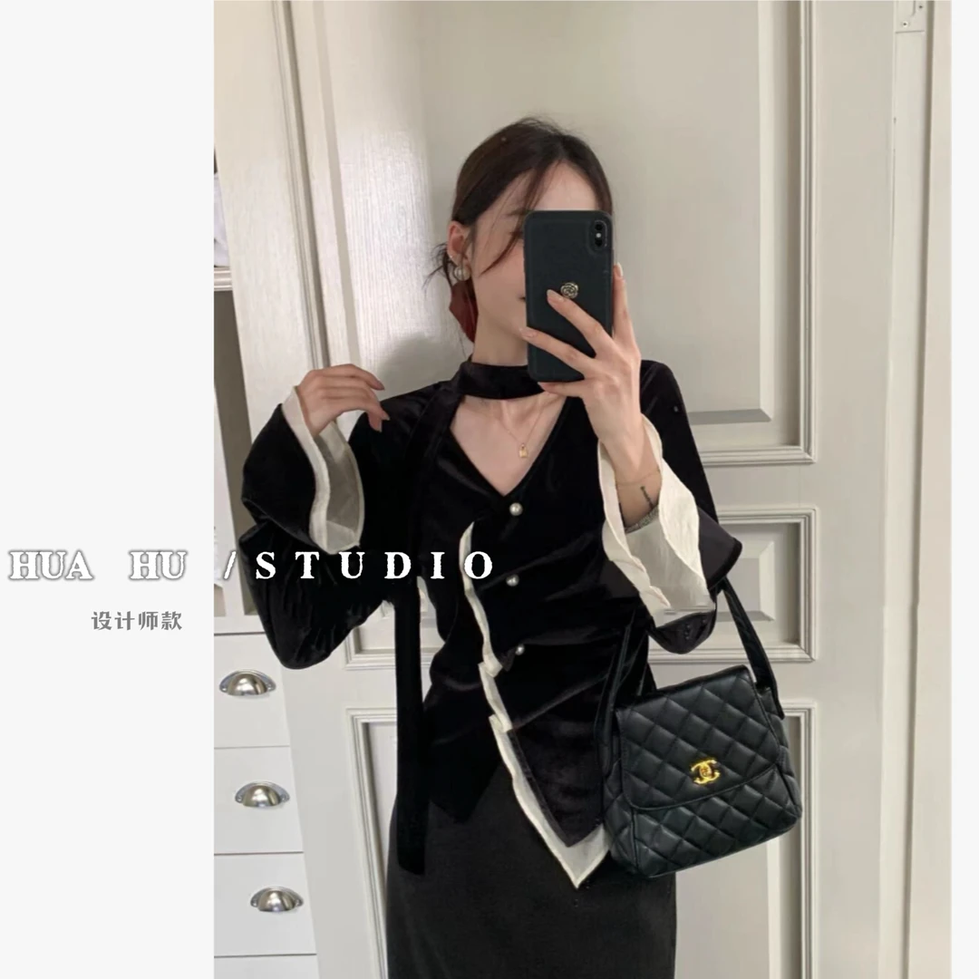 法式复古荷叶边拼接黑色丝绒衬衣女 秋冬new 现货