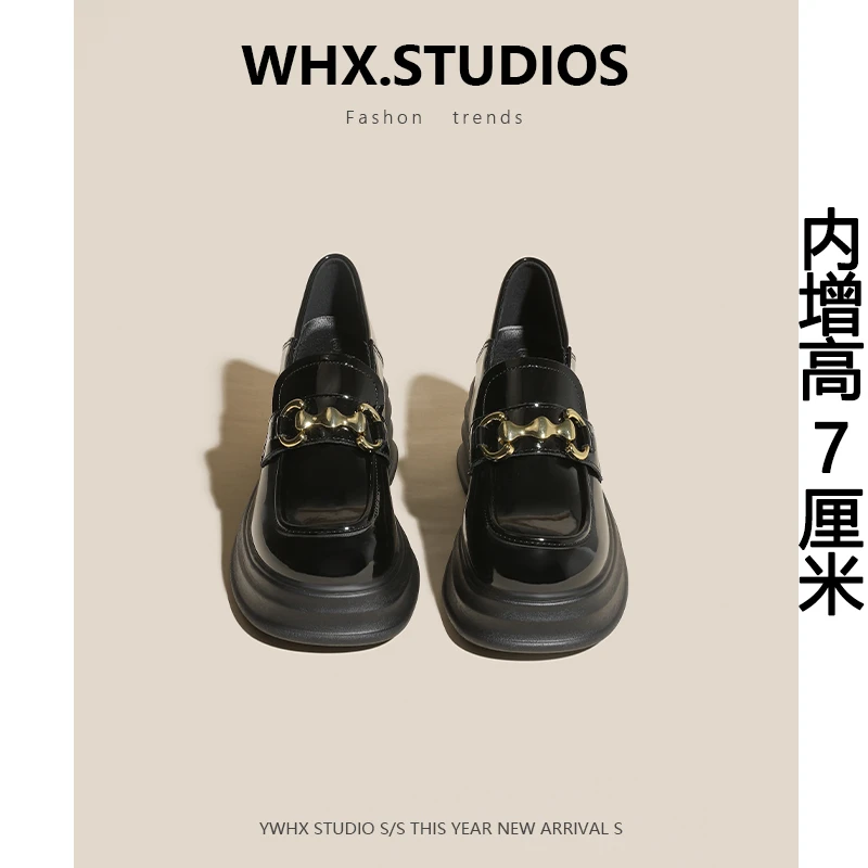 7cm小个子内增高小皮鞋女英伦风春秋学生粗跟厚底一脚蹬乐福鞋女