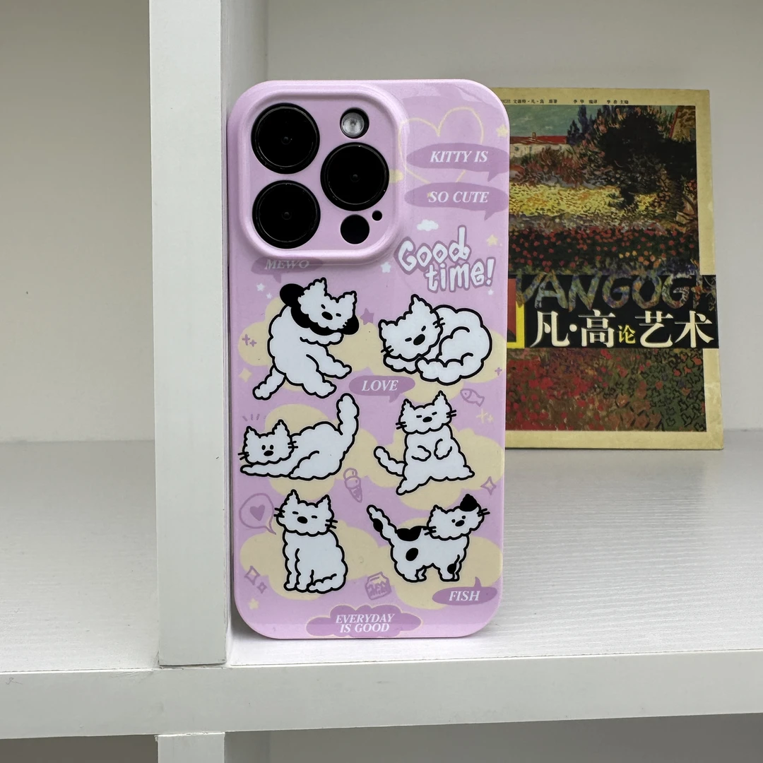涂鸦风猫咪日常粉色手机壳包镜头适用于苹果iphone14promax创意女