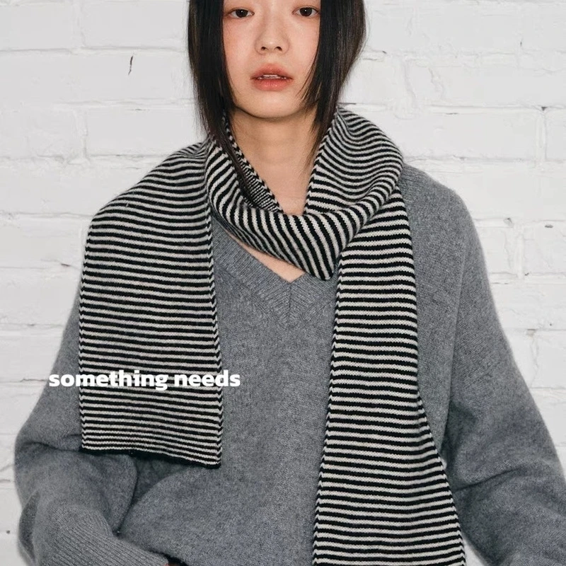 日系经典条纹简约针织围巾女叠穿外搭披肩学生秋冬季情侣围脖潮男