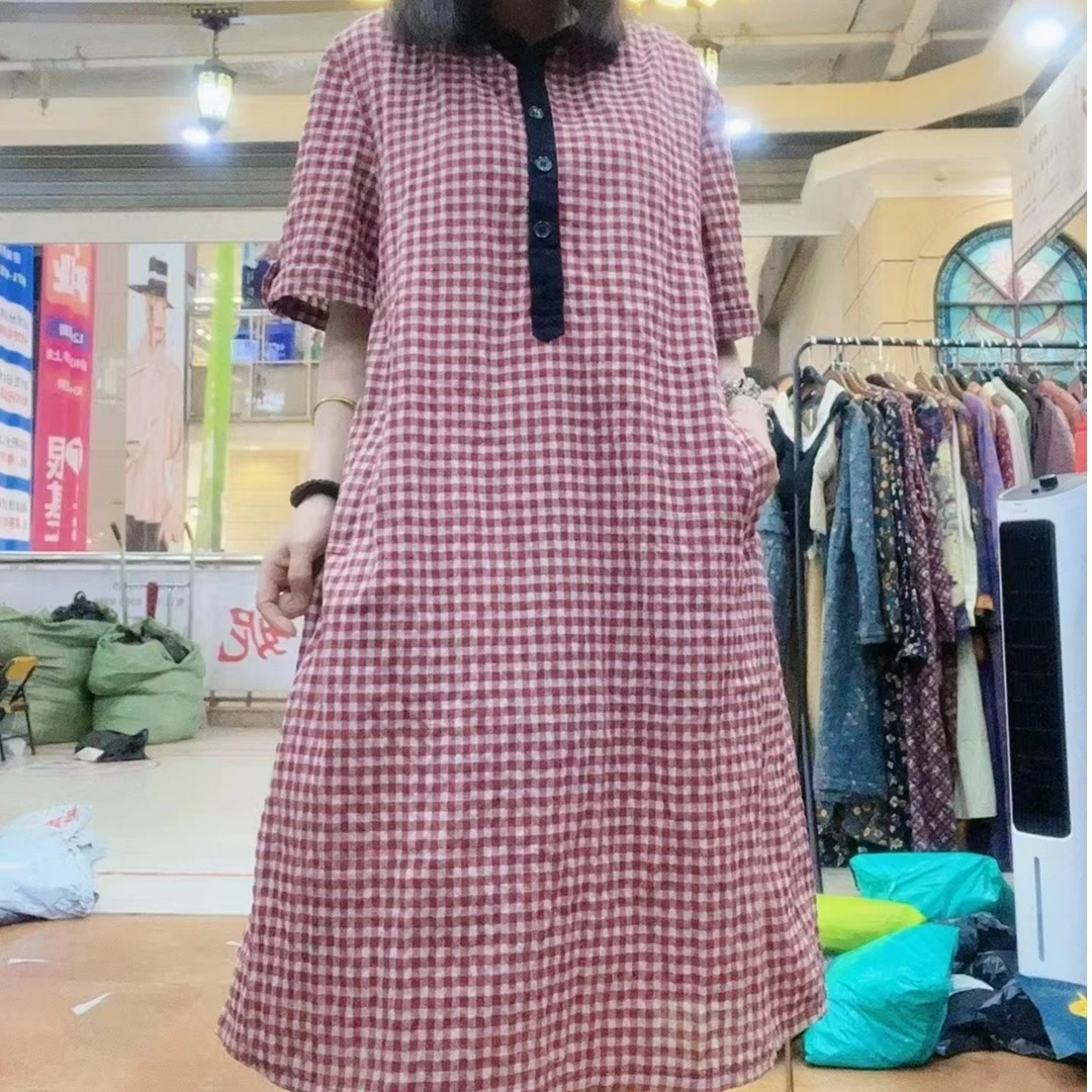 汐慕棉麻2023夏季新款格子2352款（长103cm）宽松文艺显瘦休闲
