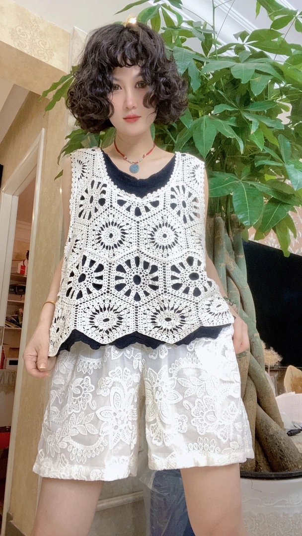 汐慕棉麻9903爆款洞洞马甲小衫衣长65，百搭洋气时尚